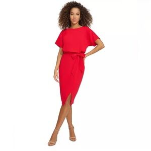 Red wrap dress size 4 belted midi